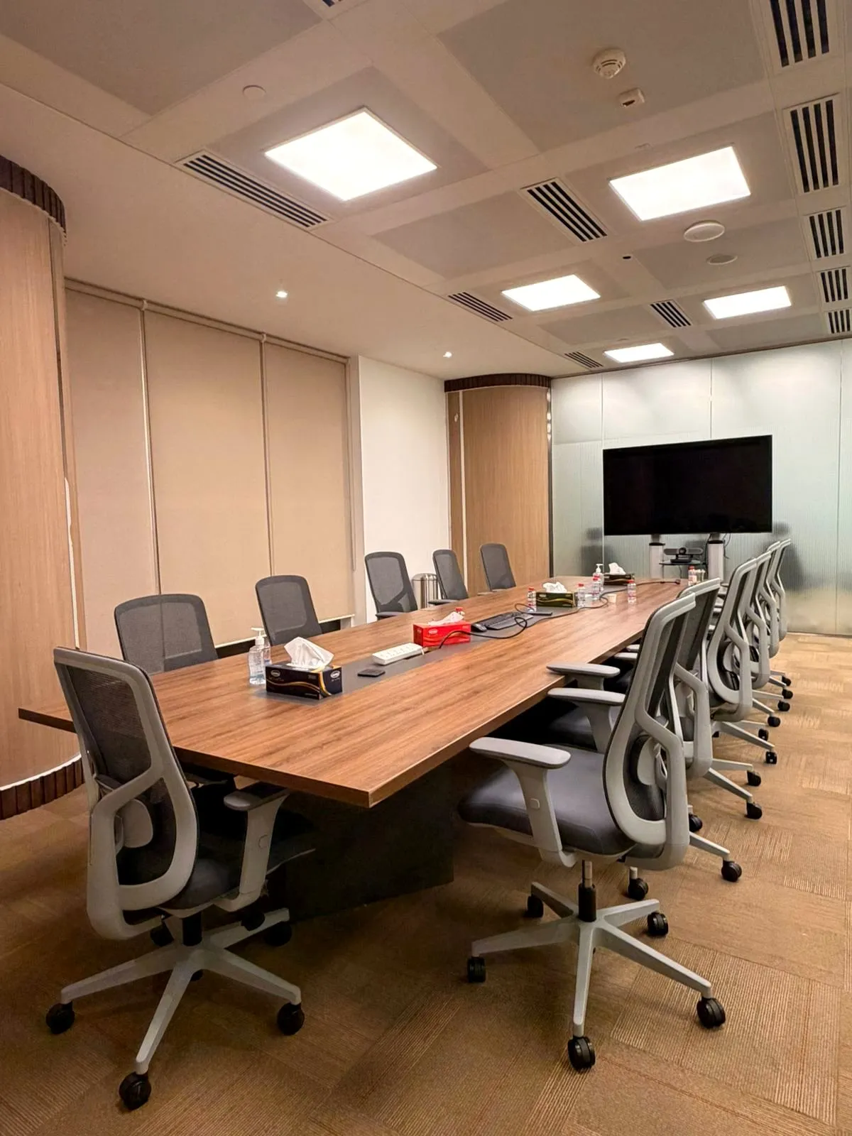 Completed boardroom after a full-floor office fit-out at ADNEC Tower, Abu Dhabi