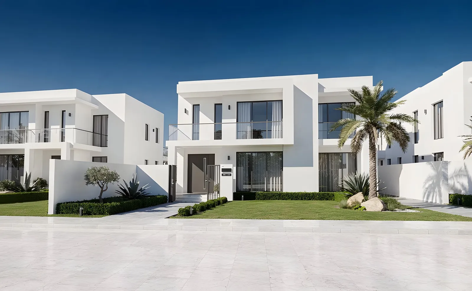 White villa and palm tree in a Dubai residential community after BeavCon civil and roof works