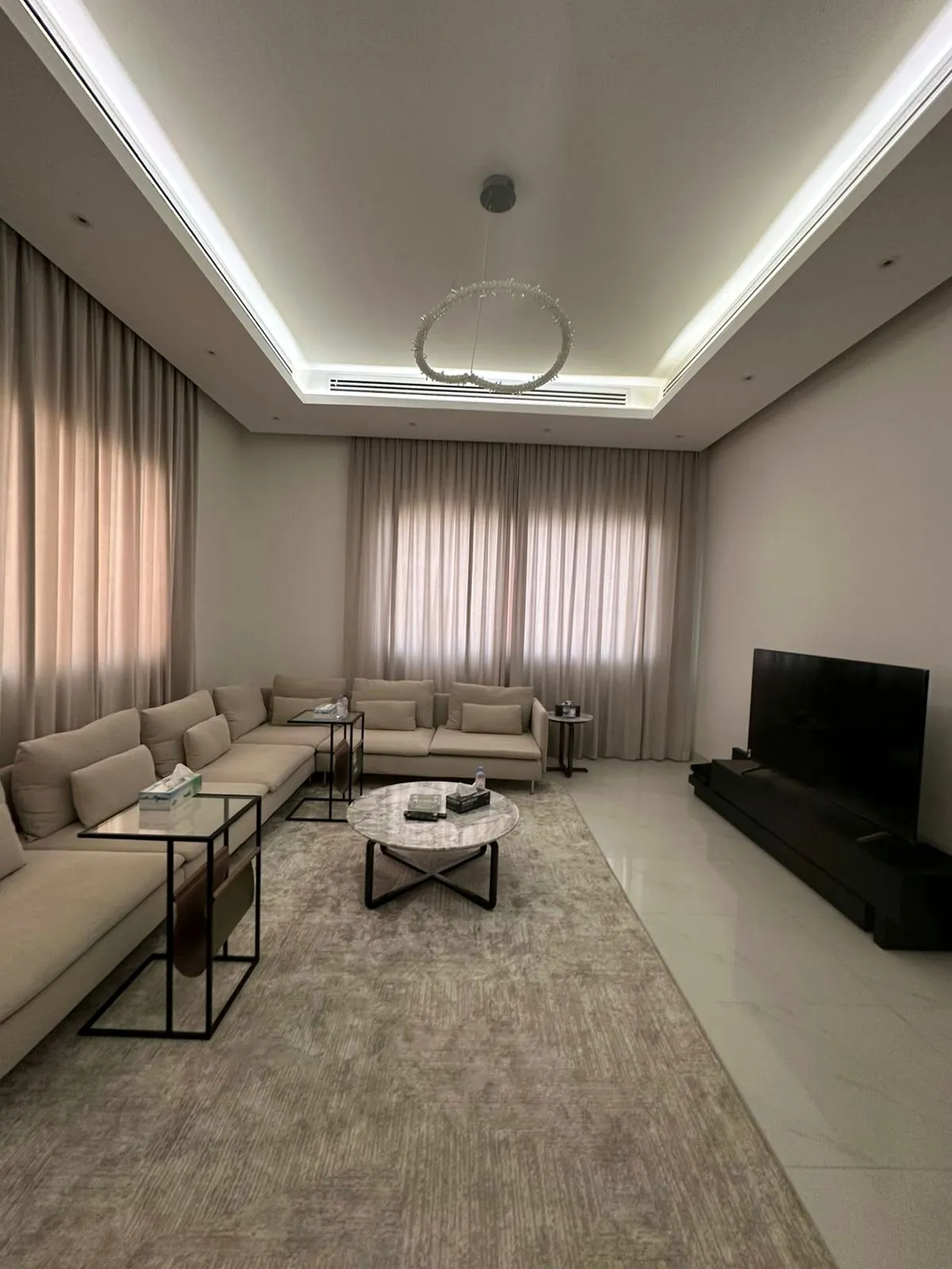 Completed living room after a private villa renovation in Jumeirah, Dubai