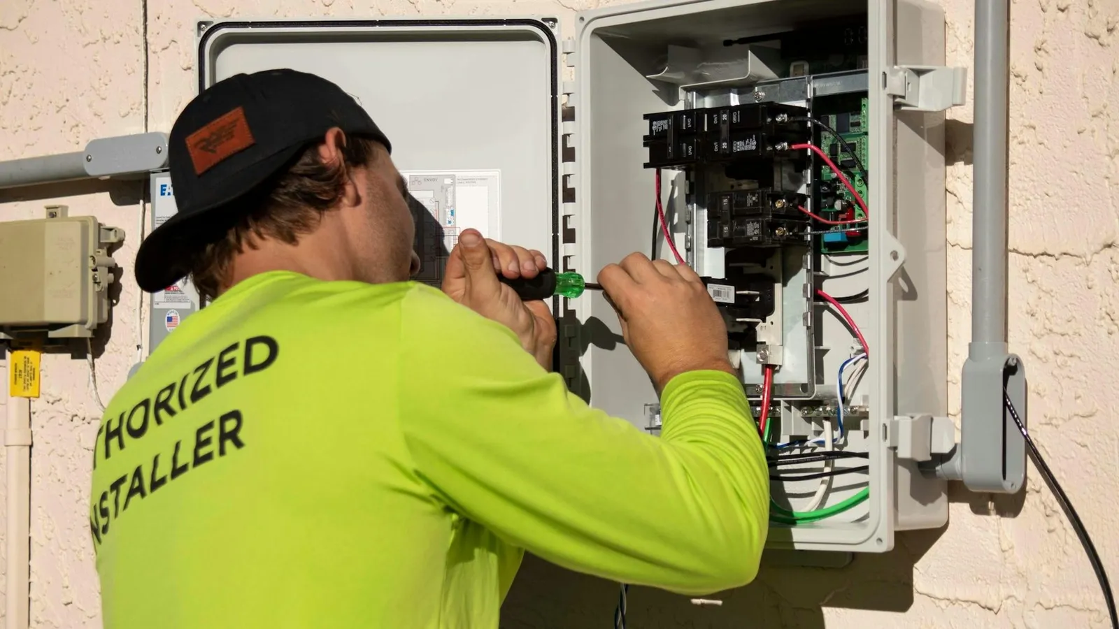 Electrician installing a low-voltage electrical distribution panel on a Dubai fit-out site